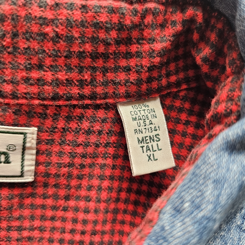VTG LL Bean Denim Red Check Flannel Lined Shirt Jacket XLT USA Heritage Workwear - Picture 7 of 11